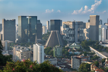 View of the Metropolitan Cathedral of Saint Sebastian, also known as Metropolitan Cathedral of Rio de Janeiro, Rio's Financial District and also the famous Carioca Aqueduct (Arcos da Lapa) 