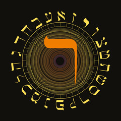 Vector illustration of the Hebrew alphabet in circular design. Large reddish orange Hebrew letter called Resh.