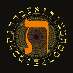 Vector illustration of the Hebrew alphabet in circular design. Hebrew letter called Tau large and reddish orange.