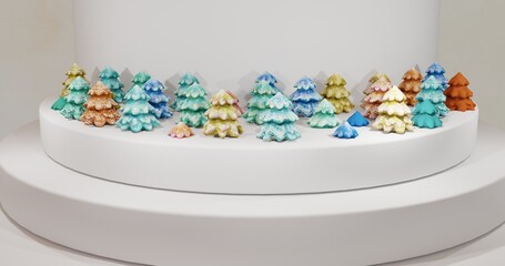 Magic cartoon tree scene with a white podium for product placement 3D illustration render