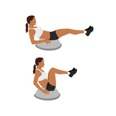 Woman doing Bosu ball leg pull in. Knee tucks exercise flat vector illustration isolated on white background