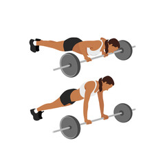 Woman doing barbell push ups flat vector illustration isolated on white background