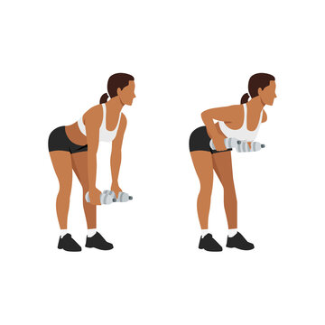 Woman doing bent over two armed water bottle rows exercise flat vector illustration isolated on white background