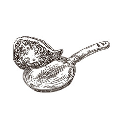 Flying pancake and frying pan. Sketch. Engraving style. Vector illustration.