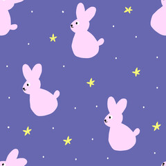 Seamless pattern with cute hand drawn bunny in flat style,childish illustration with rabbit,print for wrapping paper,textile and fabric,kids fashion,nursery design in very peri color,baby shower.