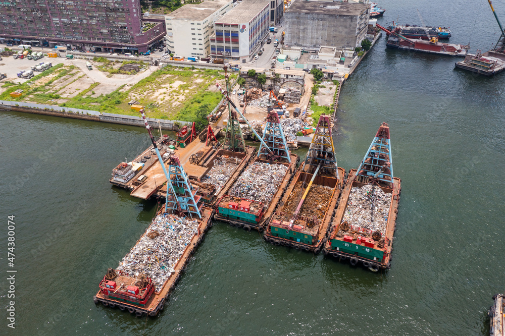 Canvas Prints Top view of Waste recycling ship