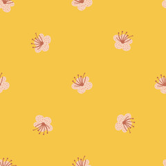 Seamless pattern spring plants on pastel yellow background. Vector floral template in doodle style with flowers.