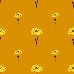 Seamless pattern with hand drawing wild flowers on yellow background. Vector floral template in doodle style. Gentle summer botanical texture.