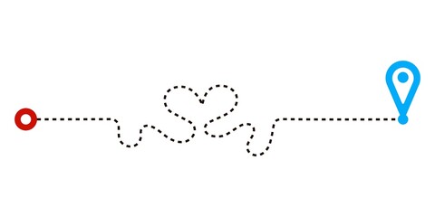 Dashed paths in shape heart routes isolated on white background. Transport tracking, travel, map pins, location pins.