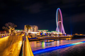 Beautiful long exposure night view of the Ain Dubai, the world's largest Ferris wheel on Bluewaters...