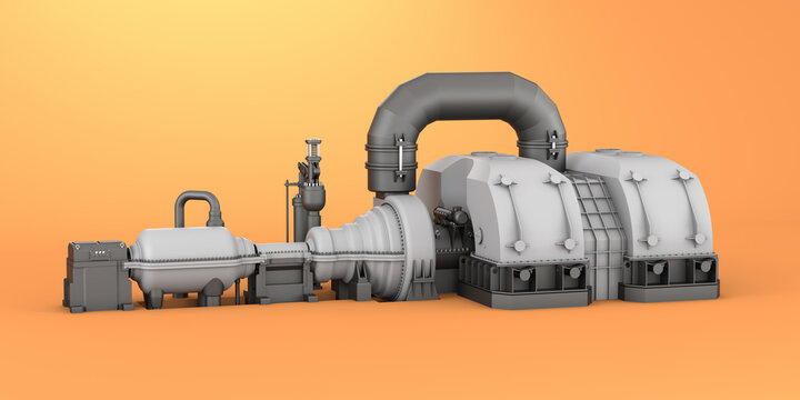 Steam turbine on a bright clean orange background. Industrial machine model. High, medium and low pressure turbine. Electricity generation. 3d illustration