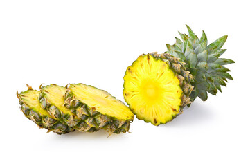 Pineapple half and slice on white background.