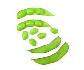 Soy. Green soy beans on white background. Top view.