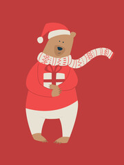 Cartoon illustration with santa bear. Cute festive poster, postcard or banner. Teddy bear in a colorful winter sweater and Christmas hat with a gift.