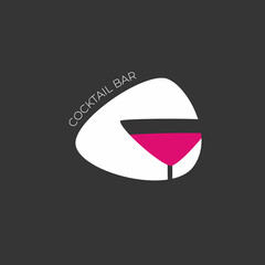 Alcohol logo. Logo for a bar, shop, restaurant. A martini glass with pink liquid on a black background with the words 