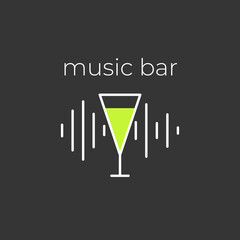 Minimalistic black and white logo of an alcoholic establishment. Logo for a bar, shop, restaurant. A cocktail glass on the background of a running music track and the inscription "music bar".