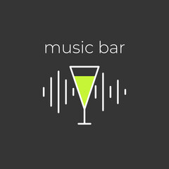 Minimalistic black and white logo of an alcoholic establishment. Logo for a bar, shop, restaurant. A cocktail glass on the background of a running music track and the inscription 