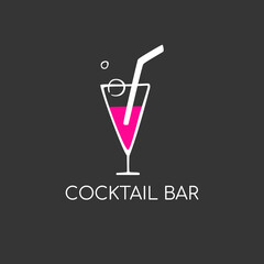 Minimalistic logo for alcoholic bar, shop, restaurant. Cocktail glass Martinka with a straw and bubbles on a black background with the inscription 