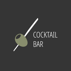 Minimalistic logo for alcoholic bar, shop, restaurant. Green olive on a skewer on a black background with the inscription 