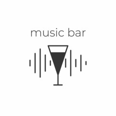 Minimalistic black and white logo of an alcoholic establishment. Logo for a bar, shop, restaurant. A cocktail glass on the background of a running music track and the inscription 