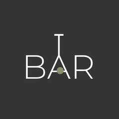 Minimalistic logo for alcoholic bar, shop, restaurant. Martini glass with olive turned upside down in the inscription "bar". Isolated over black background.