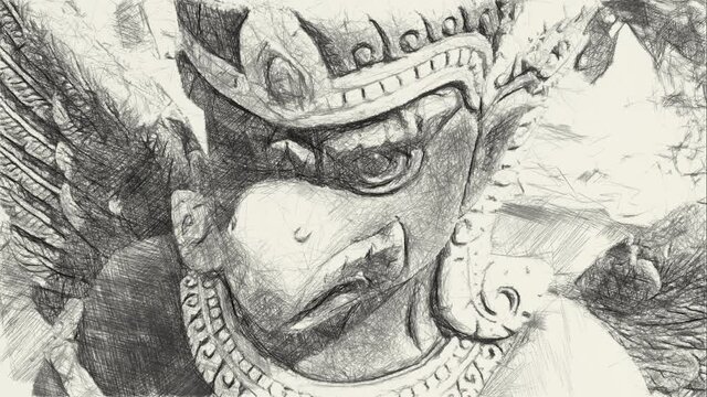 art drawing black and white of garuda statue