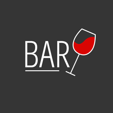 Minimalistic logo for alcoholic bar, shop, restaurant. A glass of red wine on a white background with the inscription "bar".
