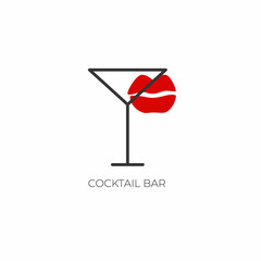 Minimalistic logo for alcohol bar, shop, restaurant. A martini glass on a white background with the inscription "cocktail bar" and a trace of lips with red lipstick.