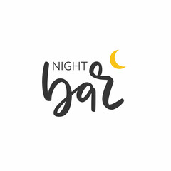 Fototapeta na wymiar Minimalistic logo for alcoholic bar, shop, restaurant. Night bar lettering with yellow crescent sign. Isolated over black background.