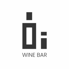 Minimalistic black and white logo for alcoholic bar, shop, restaurant. A bottle and a glass with the inscription "wine bar". Isolated on a white background.