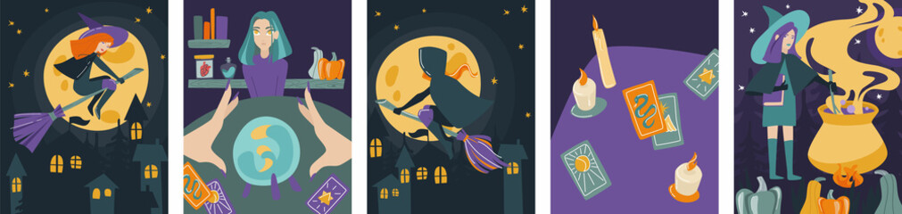 Set of pictures for halloween.The witch flying over the city.Fortune-telling session on a magic ball.The girl brews a potion in a cauldron.Fortune telling on tarot cards by candlelight.
