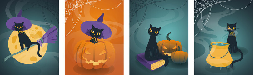 A set of pictures for Halloween.Black cat in a hat flying against the background of the moon.The cat is brewing a potion in a cauldron.A kitten looks out from a sinister pumpkin.Magic book.