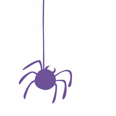 The spider hangs on its web. Purple spider icon. Halloween concept. Vector illustration isolated on white background. Design element. Simple flat image. Hand-drawn art.