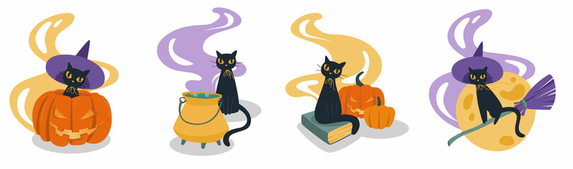 Set of black cats. A cat with burning eyes looks at you in a hat on a broomstick. The cat in the pumpkin. Brews a potion. The magic book and the moon. Vector illustration.