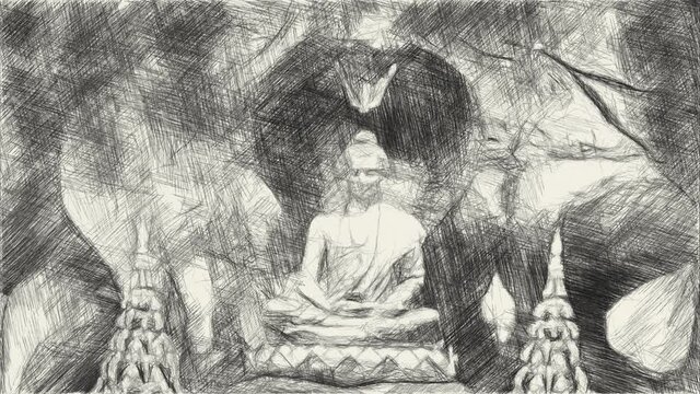art drawing black and white of buddha statue in cave