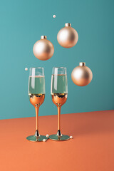 Champagne glasses with floating golden ornaments on a pastel background. New Year celebration minimal concept