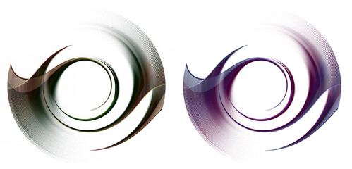 The dark green and purple wavy elements are spiraled to form a circular frames on a white background. Graphic design elements set. Logo, sign, symbol, icon. 3d rendering. 3d illustration.