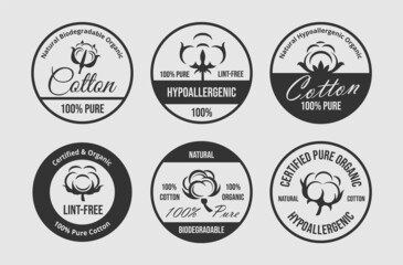 Natural biodegradable organic pure cotton circle linear badge set vector flat illustration