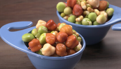 Healthy diet and vegetarian food. Mix of fresh sprouts on beautiful background. macrobiotic food. Sprouted wheat, peas, lentil seeds. Copy space 