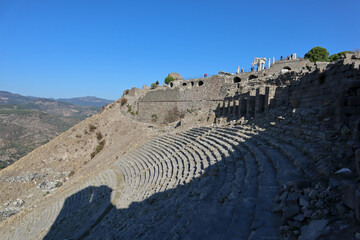 scenic view of ancient amphitheatre in Pergamon ruined city, Turkey - one of the largest and steepest theatre in the world