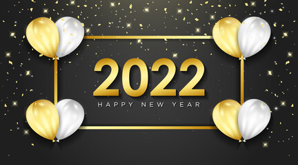 Fototapeta na wymiar Happy new year 2022 greeting card with realistic golden and white balloons celebration background design for greeting card, poster, banner. Vector illustration.