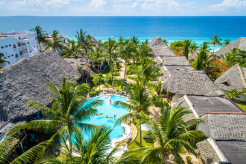Top view of pool in tropical resort.