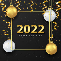 2022 happy new year greeting card with realistic golden and white balls on black background