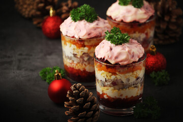 Dressed herring or herring under fur - traditional Russian salad	
