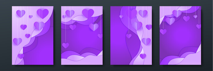 Valentines sale vector banner template. Valentines day store discount promotion with white space for text and hearts elements in purple background. Vector illustration.