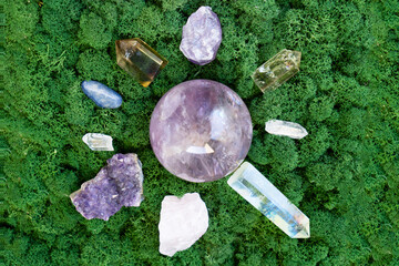 Healing crystals on brown background