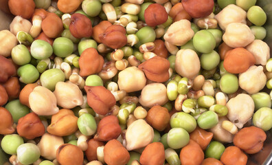 Healthy diet and vegetarian food. Mix of fresh sprouts on beautiful background. macrobiotic food. Sprouted wheat, peas, lentil seeds. Copy space 
