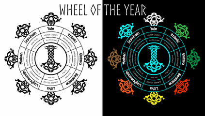 Wheel of the year vector illustration of pagan equinox holidays. Wiccan solstice calendar. Magical seasons, yule, samhain, beltane. Altar poster, wiccan holidays. - obrazy, fototapety, plakaty