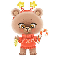 Cute cartoon baby bear in hoop with stars on head hold in pawscandy and christmas tree toy isolated on white background