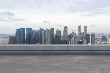 Fototapeta na wymiar Panoramic Singapore skyline view, concrete observatory deck on rooftop, daytime. Asian corporate and residential lifestyle. Financial city downtown, real estate. Product display mockup empty roof